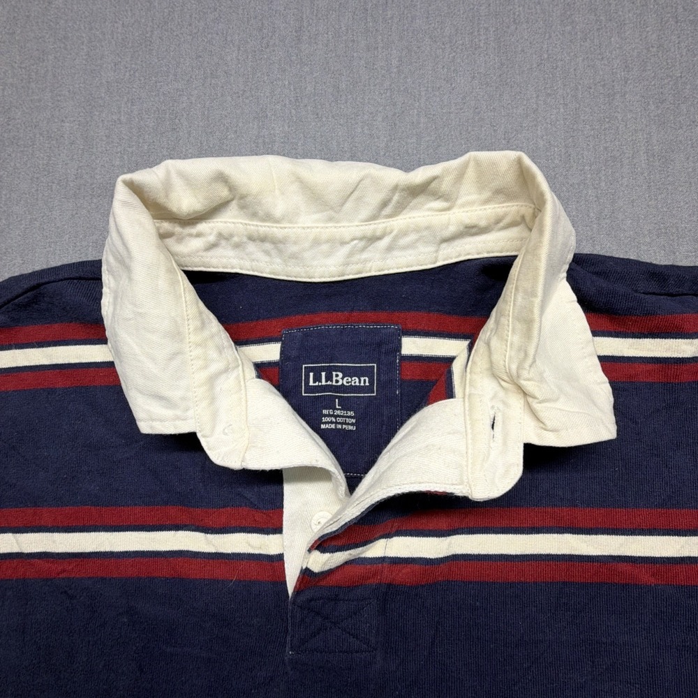 Vintage LL Bean Rugby Shirt Mens Large Navy Blue Striped Long Sleeve - Picture 2 of 7
